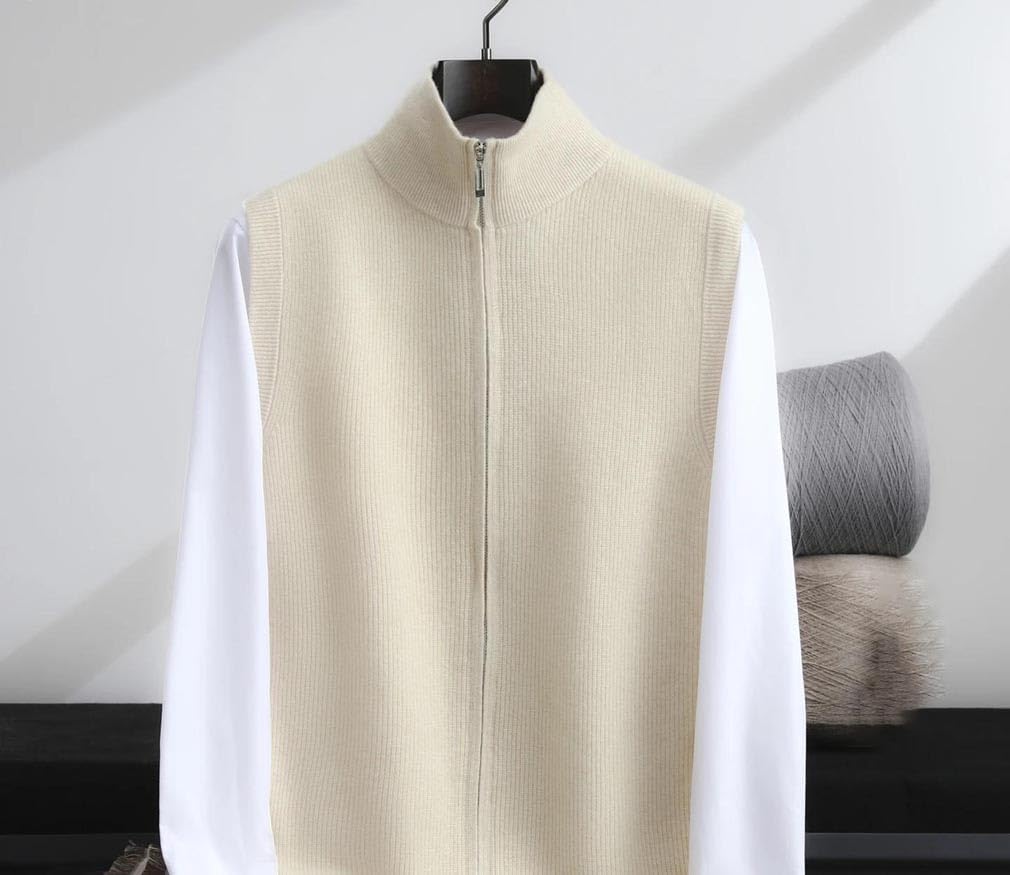Wool Sweater Men's Vest Zipper Vest Half High Collar Cardigan Vest Bottoming Tops