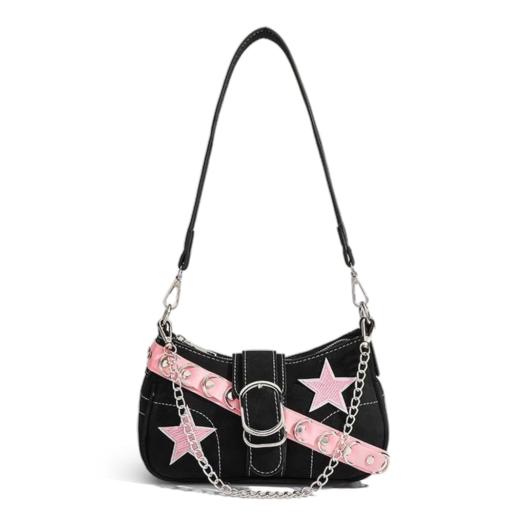 PALAY® Shoulder Bag for Women Girls Small Canvas Handbag with Chain Charm Hobo Bag Stylishly Sweet Y2K Star Patchwork Letter Printed Handbag Casual Small Shoulder Bag