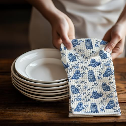 Image of Pomeranian Kitchen & Dish Towel, Chinoiserie Dog Mom Gift Hand Towel for Dog Lovers, Farmhouse Tea Towel for Women, 16x24 Inch