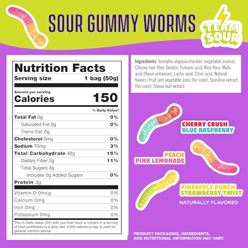 Image of SmartSweets Sour Gummy Worms, Gluten Free Gummies, Healthy Snack-Adults & Kids, Fun Chewy Candy,Low Calorie,Low Sugar,Fruit Flavored Snack,No Artificial Sweeteners, 50g Bags, 1.76 Ounce (Pack of 84)