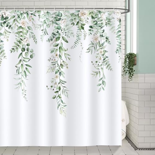 Bonhause Cortina de Ducha Verde Hojas Eucalyptus Flores Blancas Cortina de Baño de Poliéster Impermeable Antimoho Lavable Cortina Ducha 180 x 180 cm con 12 Ganchos