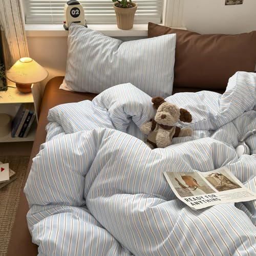 Image of EAVD Retro Striped Duvet Cover Full Light Blue&Brown Washed Microfiber | 3-Piece Vertical Striped Bedding Set, Soft Breathable, 1 Duvet Cover with 2 Pillowcases, Fresh Aesthetic, Zipper Corner Ties