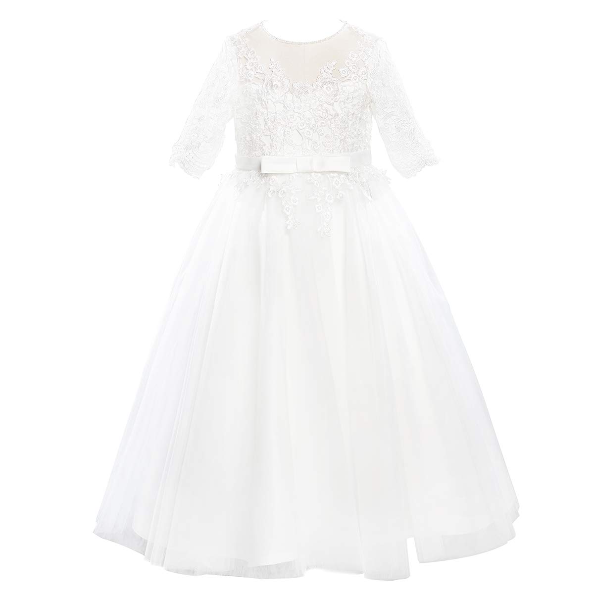 Miama Champagne Tulle & Ivory Lace Flower Girl Dress - Short Sleeves, Tea Length, Keyhole Back For Weddings & Special Occasions - View #11