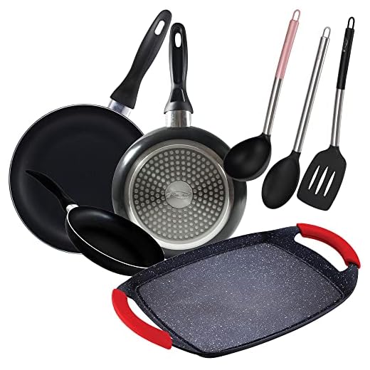 San Ignacio Cune Sip Set 3 Sartenes + Plancha Grill + 3 Utensilios, Aluminio Prensado, Negro/Plateado
