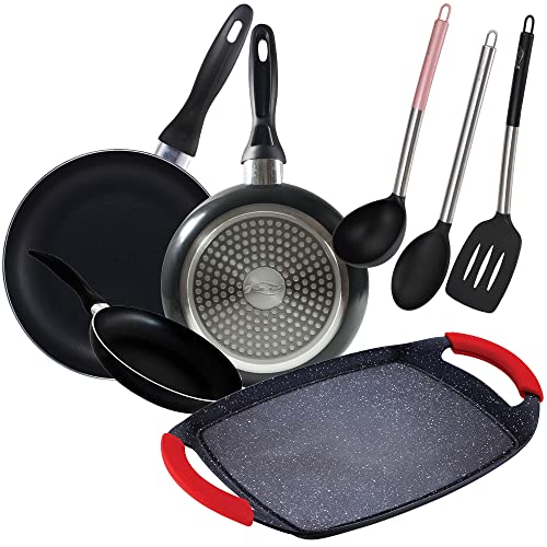 San Ignacio Cune Sip Set 3 Sartenes + Plancha Grill + 3 Utensilios, Aluminio Prensado, Negro/Plateado