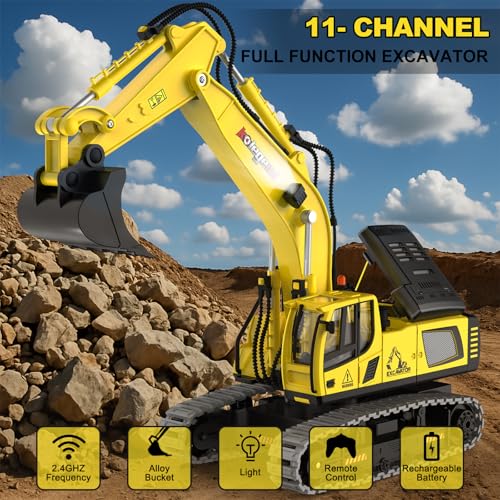 Image of kolegend Remote Control Excavator Toy 16 Inch, 11 Channel RC Construction Vehicles Hydraulic Haulers Digger Toys Gift for 6+ Years Old Kids Boys