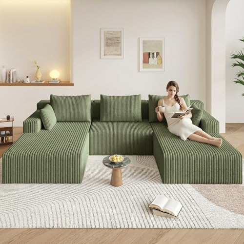 Image of 107 inch W Boneless Cloud Sectional Couch Modular Sofa with Ottoman | Modern U-Shaped Couches, Comfy Corduroy Memory Foam Sofas with Oversized Chaise for Living Room (Green)