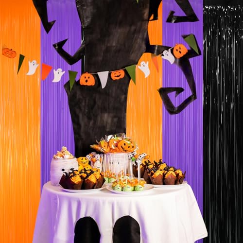 Image of GOER 3.2 ft x 8.2 ft Metallic Tinsel Foil Fringe Curtains for Halloween Birthday Graduation New Year's Party Decorations(1 Pack,Black&Orange&Purple)