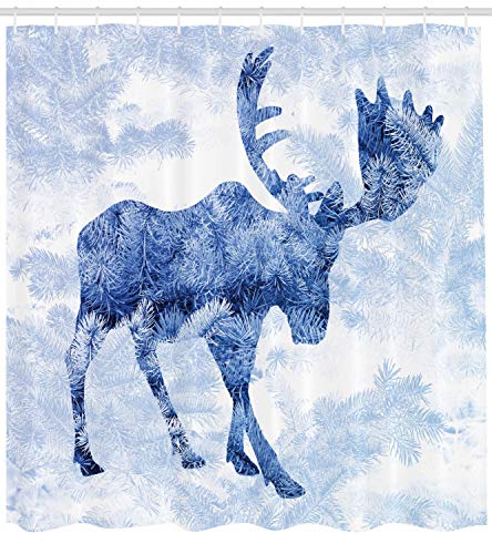 ABAKUHAUS Moose Shower Curtain, Pattern Pine Needles Spruce Tree Antlers Deer Family Snow Winter Horns - Image 2