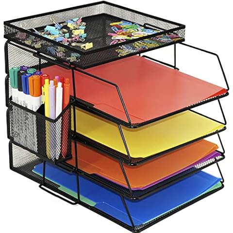 Neudeco 4-Pack Stackable Desk File Document Letter Tray with Extra Drawer and Pen Holder, Office Desk Supplier Organizer, Black Cover