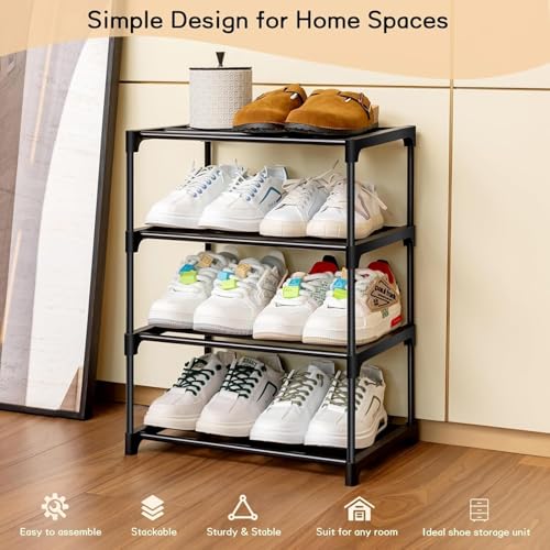 Image of TEKCOOL Shoe Rack with Shelf | Foldable Plastic Shoe Rack with Shelves for Bedroom, Entryway & Living Room | Multipurpose Footwear Stand for Home (4 Shelf)(Black)