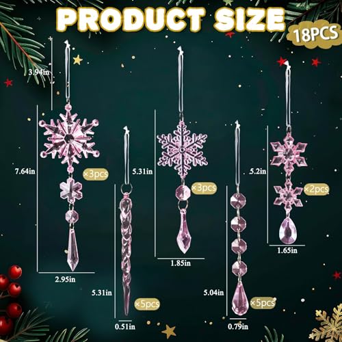 Image of 20pcs Crystal Christmas Ornaments for Christmas Tree Decorations-Light Pink Hanging Acrylic Snowflake and Icicle Ornaments with Drop Pendants for New Year Party Decorations Supplies