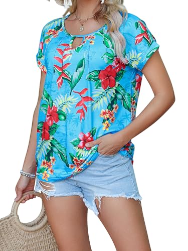 Ezcosplay Women Cap Short Sleeve Hawaiian Shirt Keyhole V Neck Pleated Tops Luau Party Tropical Floral Print Tshirt Tees3