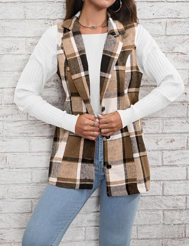 Mywinway Plaid Vest for Women 2025 Fall Winter Sleeveless Lapel Neck Long Blazer Jackets Cardigan Outerwear4