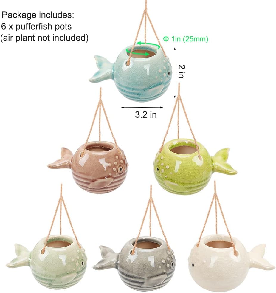 6 Pack Air Plant Holder Unique, Cute Pufferfish Air Plant Hanger Wall Planter, Ceramic Tillandsia Airplants Holders Hanging Wall Decor for Home Office (Pufferfish-Small (3.2 x 2 in))