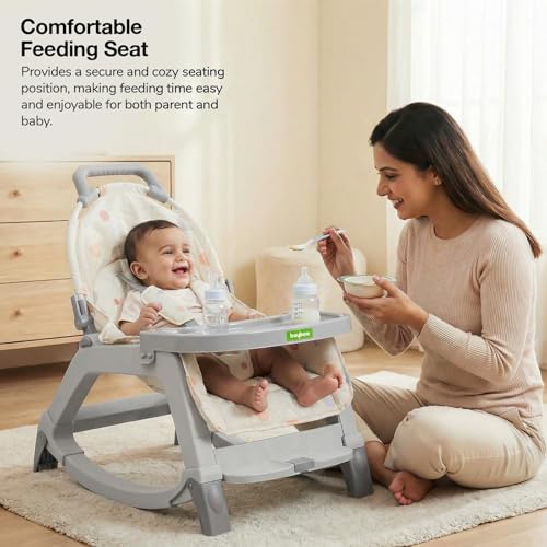 Image of Baybee Baby Rocker & Bouncer Chair for 0-3 Years | Baby Feeding Chair with Push Rocker Mode, Adjustable Canopy, Hanging Toys, 360 Wheels & 3-Point Safety Belt (Beige)