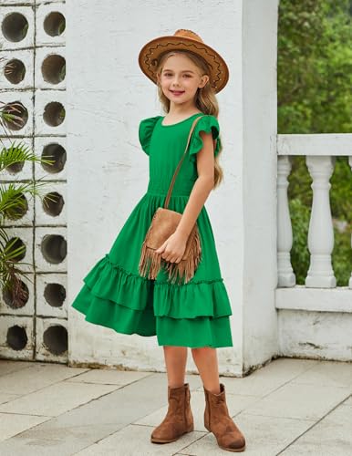 Image of Arshiner Girls Dresses Flutter Sleeve A-Line Sundress Casual Summer Tiered Swing Midi Pocket Dress
