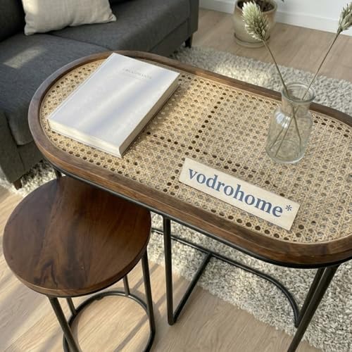 Image of Charcoal Rattan Cane Side Table with Glass top - Bohemian Solid Mango Wood Cane Iron Sofa Side end Table - Wood and Cane Nesting Table S#047 (Honey 2)
