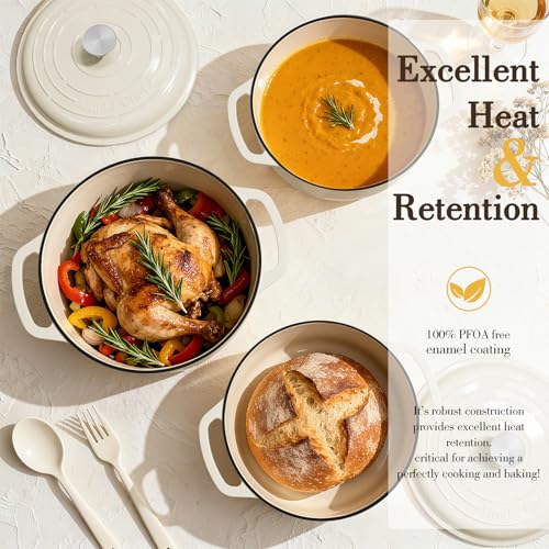 Image of Umite Chef 6QT Enameled Cast Iron Dutch Oven with Lid, Versatile Heavy-Duty Cookware Pot for Baking Bread, Braising, Soups & Stews, Oven & Stovetop Safe with Heat Resistant Gloves(Cream White)