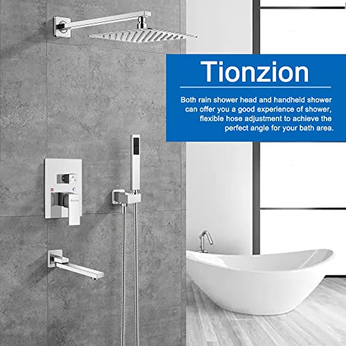 Shower System With Tub Spout, Shower Faucet Set, 10 Inch Bathroom Polished Chrome Square Rain Shower Head With Handheld Spray Wall Mounted Rainfall Shower Fixtures (Contain Tub Spout) #TOP6