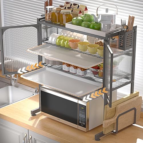 Kitchen Microwave Oven Rack, Countertop Storage Rack Toaster Stand Shelf Metal Microwave Counter Stand with Draining Tray Knife Chopstick Chopping Board Holder