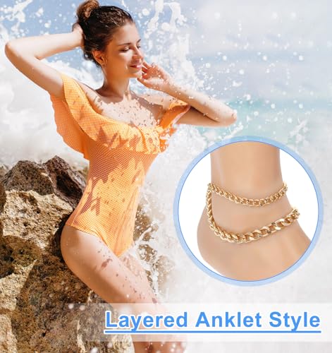Image of 2PCS Gold Anklets for Women, Waterproof Minimalist Cuban Link Chain Dainty Layered Ankle Bracelets Adjustable Size, Minimalist Jewelry for Women's Stylish