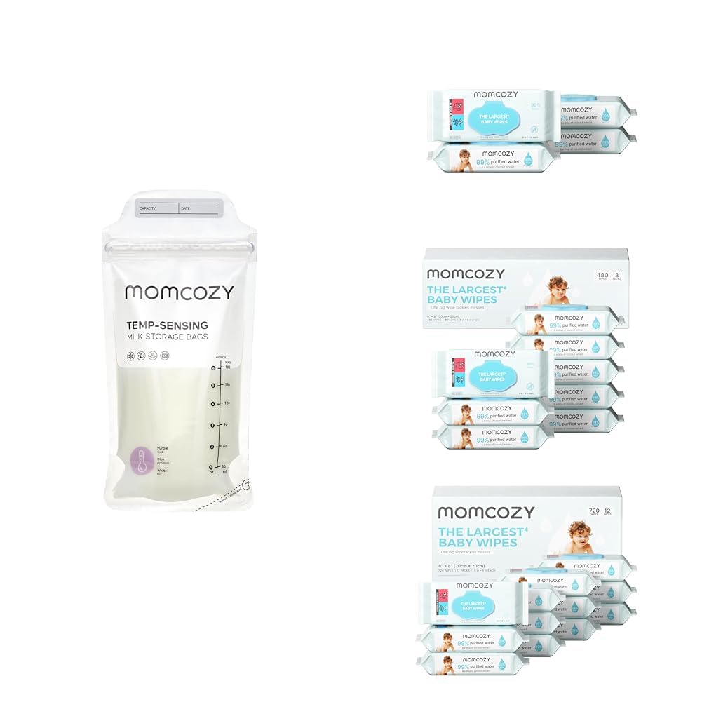 Bundle of Momcozy Breastmilk Storing Bags 6 Ounce and Baby Wipes