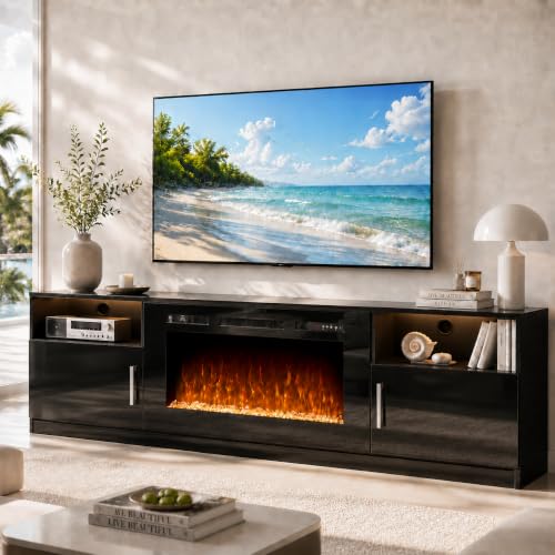 All-black 70-inch fireplace TV stand with 36-inch insert and side cabinets — the temperature and timer controls built for nightly use