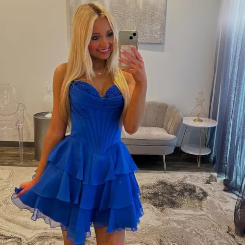 Strapless Short Homecoming Dress for Teens 2025 Chiffon Tiered Corset Sweetheart Satin Appliques Prom Dress WO0994