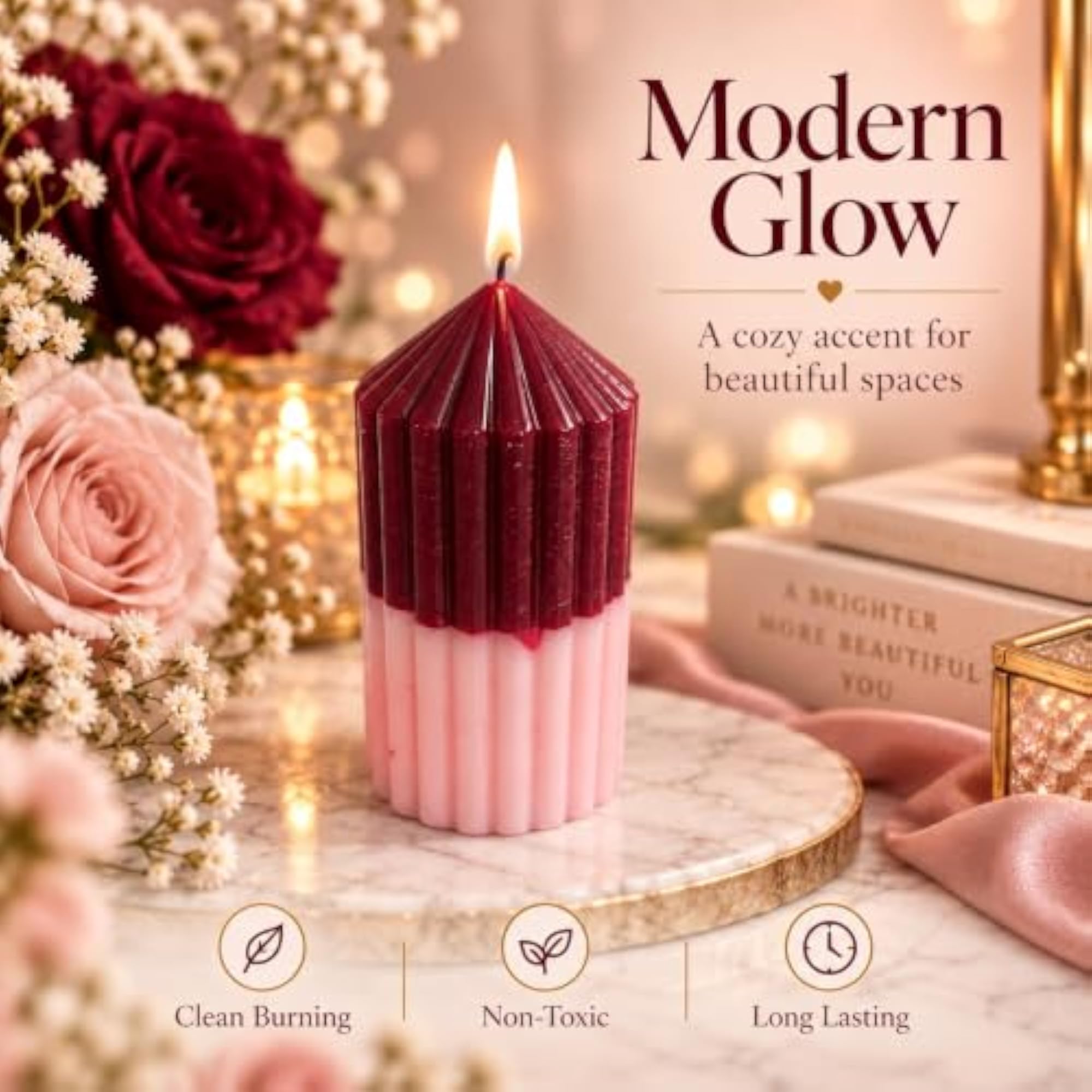 Handcrafted Geometric Pillar Candle in Burgundy