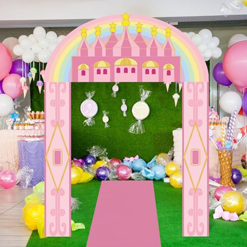 Image of Tingjoo 4 Pcs Princess Castle Door Banner Entryway Party Decorations Emerald Pink Castle Backdrop Hanging Banner Runner for Christmas Girls Birthday Holiday Wizard Party Baby Shower