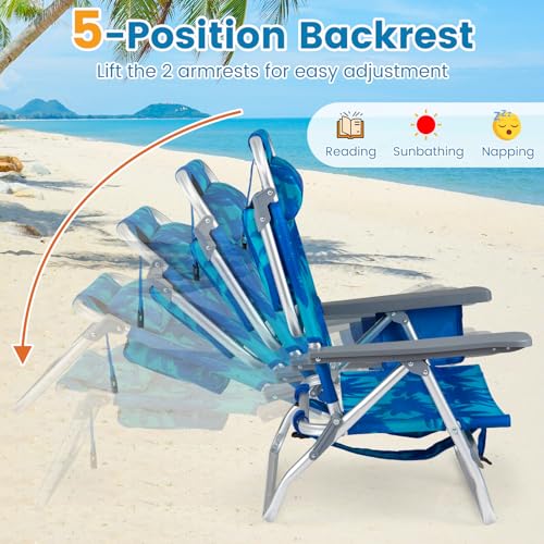 Image of Giantex Folding Beach Chair, Patio Sling Chairs with 5 Adjustable Position, Head Pillow, Storage Bag, Towel Bar, Cup Holders, Backpack Chairs for Sunbathing, Camping Chair