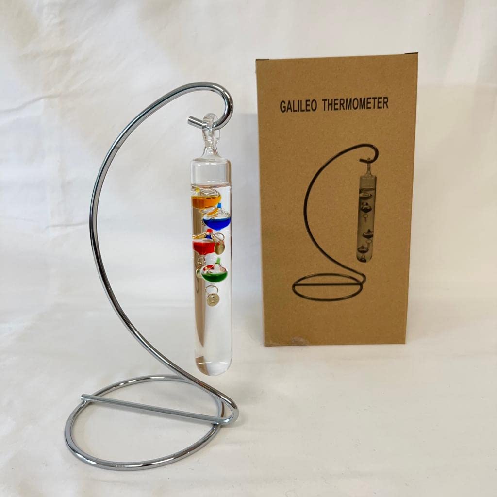 Hanging Galileo Thermometer ON A Metal Stand | Measures temperatures from 18 Degrees Centigrade to 24 Degrees | Also in Fahrenheit | Weather Station | Water Thermometer | 23cm high