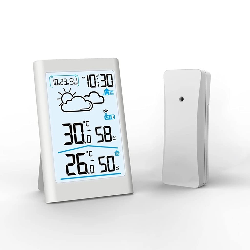 Smart Weather Station Big LCD Digital in/Outdoor Thermometer Hygrometer Remote Sensor Alarm Time Clock Weather Forecast(OneColor)