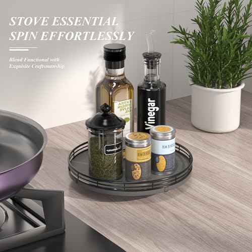 Image of Nature Slate Lazy Susan Turntable for Table Top - 10 inch Round Slate Tray Organizer for Dining Table, Kitchen Countertop & Bar, Luxury Stone Serving Tray with Black Raised Iron Rim