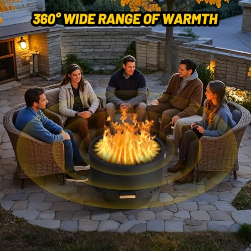 Garvee 26 Inches Smokeless Fire Pits, Wood Burning Firepits with Fire Poker, Outdoor Portable Fire Pits with Removable Ash Pan and Hardwood Top, Backyard Fireplace for Camping, Picnic