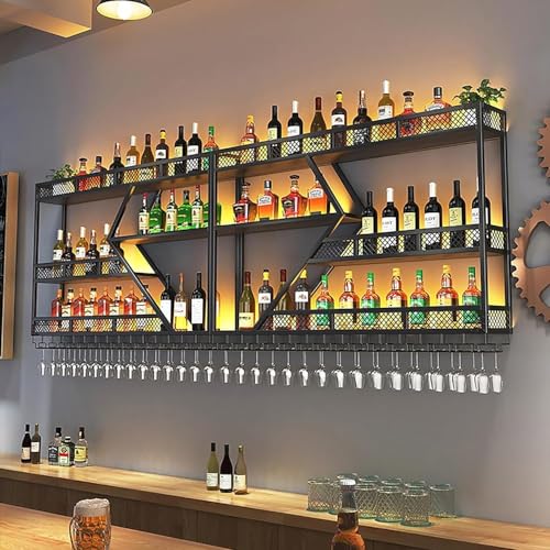Botellero Grande de 3 Niveles para Montar en la Pared con Luces LED, Barra Industrial de Metal, estantes flotantes, portavasos, Expositor para Botellas de Vino, Ideal para el hogar, Bar y co