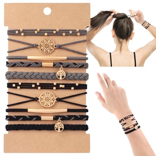 DIYDEC 10PCS Hair Ties Bracelet for Women 5 Styles Soft Braided Boho Hair Bands Elastic No Damage Hair Ties for Girls thick Thin Long Curly Hair Accessories(Black and Grey)
