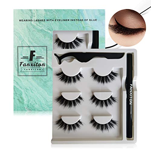 False Eyelashes with Eyeliner Kit, FANXITON 3 Pairs Volume Faux Mink Eyelashes with Eyeliner - Extra Strong Hold for Lashes - No Magnet and No Glue Needed