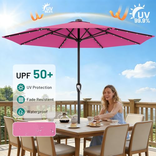 Image of AreShark 12FT Large Patio Umbrella with Solar Lights, Solar Powered Outdoor Umbrella with Crank, Patio Table Market Umbrellas for Garden, Deck, Backyard, Pool and Beach, Rose Pink