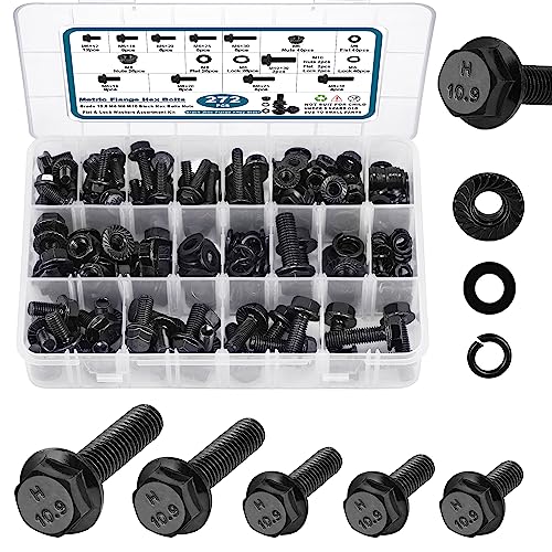 SATANTECH 272Pcs Flange Hex Bolts and Nuts Kit,M6 Bolt,M8 x1.25 Bolts,M10-1.5, Metric Bolt Assortment,Alloy Steel Class 10.9 Black Zinc Plated,Full Coarse Thread (12mm to 30mm)