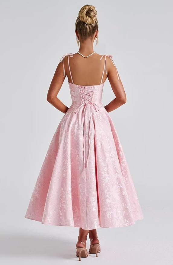 Square Neck Jacquard Satin Prom Dresses with Pockets for Women A-Line Spaghetti Straps Midi Formal Ball Evening Dress - Image 2