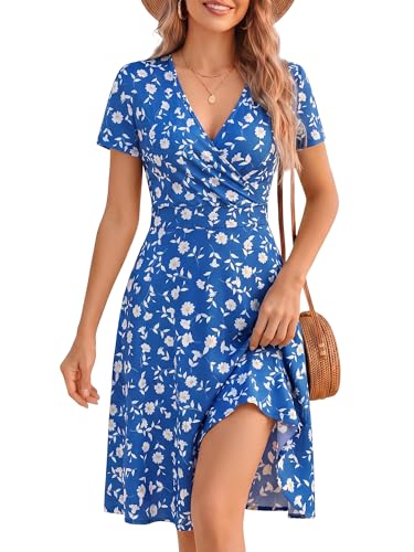 Image of MSBASIC Womens Summer Wrap V Neck Casual Dresses Floral Short Sleeve A-Line Midi Sundress