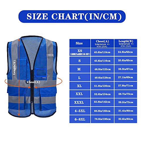 Image of High Visibility Mesh Vest with Multi-Color, Zipper, Blue, 6XL-8XL | Blue 6XL-8XL mesh vest with clear ID holder, mic tabs and reflective strips for equipment maintenance; for men and women.