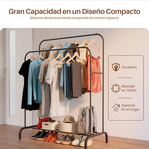 Miniatura 3 de Portentum Perchero Burro Ropa Resistente De Acero Hasta 35 Kg Organizador Con Doble Barra Y Zapatero Percheros De Pie Con Pies Antideslizantes Tapas Anti-Caída Para Perchas Montaje Rápido