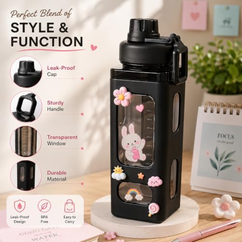 Image of Kawaii Water Bottle with Straw and Sticker, Kawaii Bear Water Bottle, Large Sport Plastic Portable Square Drinking Bottle for Girl, Cute Juice Tea Water Cups, 700 ML (BLACK)
