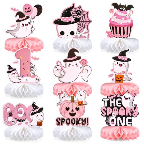 Image of 9pcs Spooky One Table Centerpieces for Girls 1st Birthday Party Decorations | Double-sided 3D Halloween Honeycomb Centerpieces for First Birthday Party Supplies Pink Happy 1st Boo Day Table Sign Decors