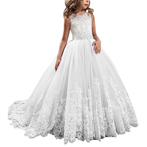 Princess Lilac Long Girls Pageant Dresses Kids Prom Puffy Tulle Ball Gown (White, 8-9) #TOP7