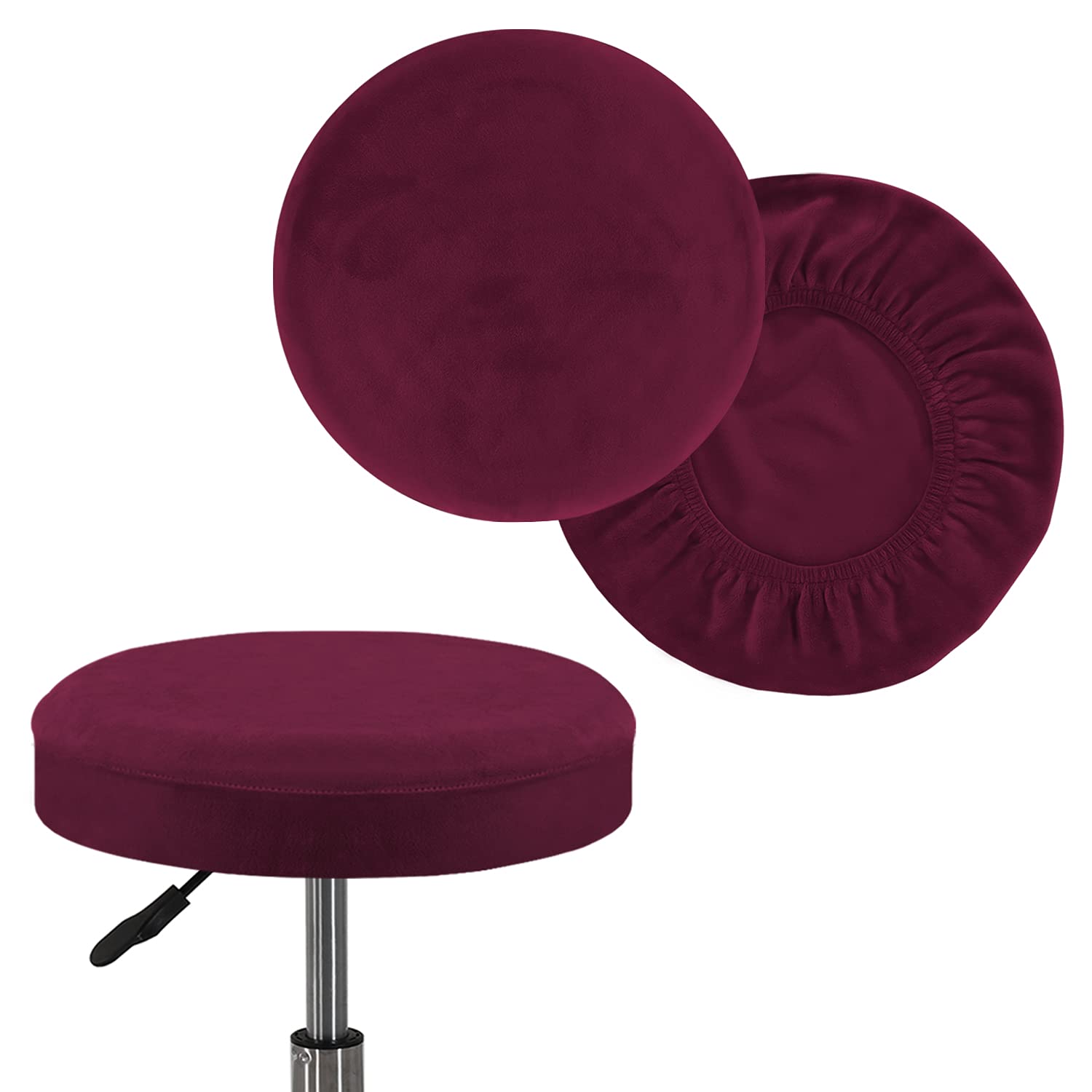 GAMUKAI Round Bar Stool Covers - Super Soft Velvet and Washable Elastic Stool Cushion Slipcover for Dia.16-18" Chair, Set of 2 (Burgundy, X-Large)
