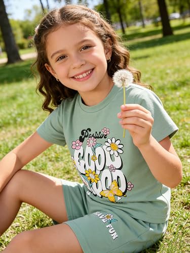 Image of KIDLAGA Toddler Kid Girl Outfits Clothes Floral Short Sleeve T-Shirt Top + Waist Pocketed Summer Short Sets 4-7T Girl Clothes
